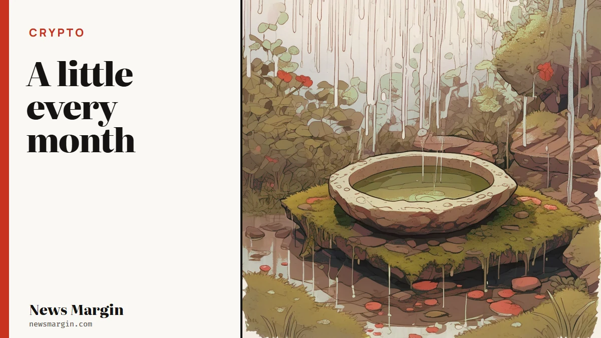 A little every month: illustration of rain filling a stone basin drop by drop in a quiet mossy garden at dawn, no people