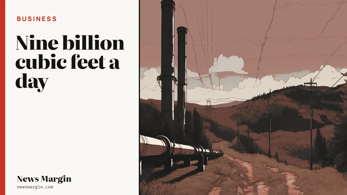 Nine billion cubic feet a day: illustration of a natural gas pipeline with valve stations running across wooded Appalachian h