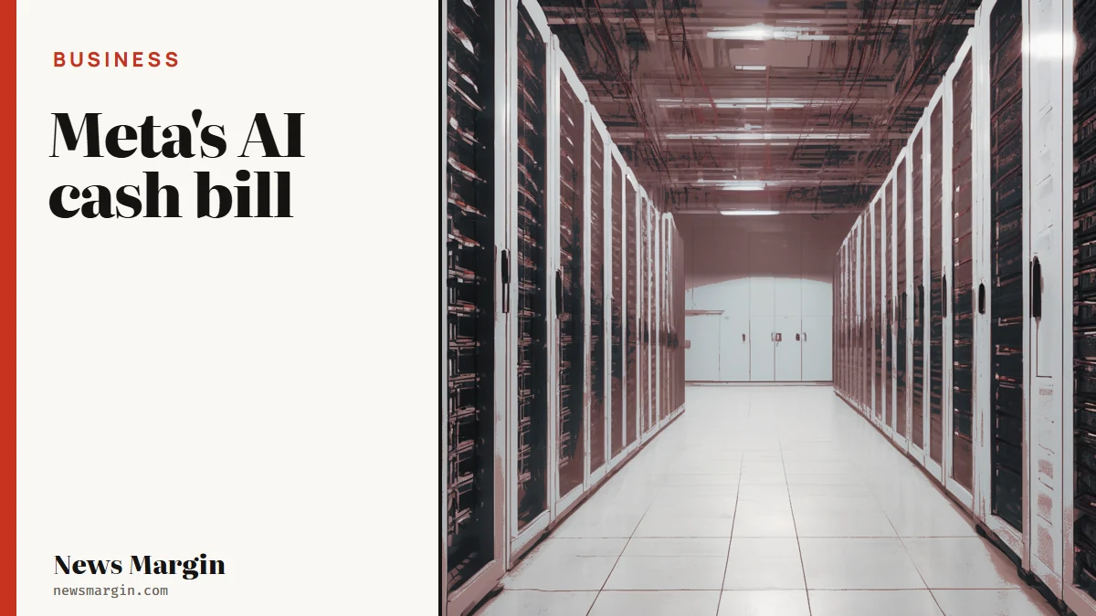 Meta's AI cash bill: illustration of rows of empty server racks in a vast, half-built data center hall, cables coiled on the
