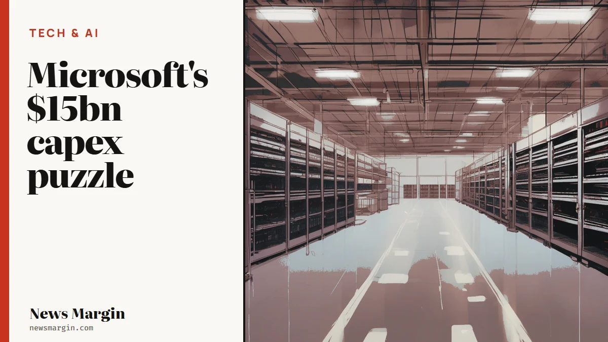Microsoft's $15bn capex puzzle: illustration of long rows of datacentre server racks under a high warehouse ceiling, with rol