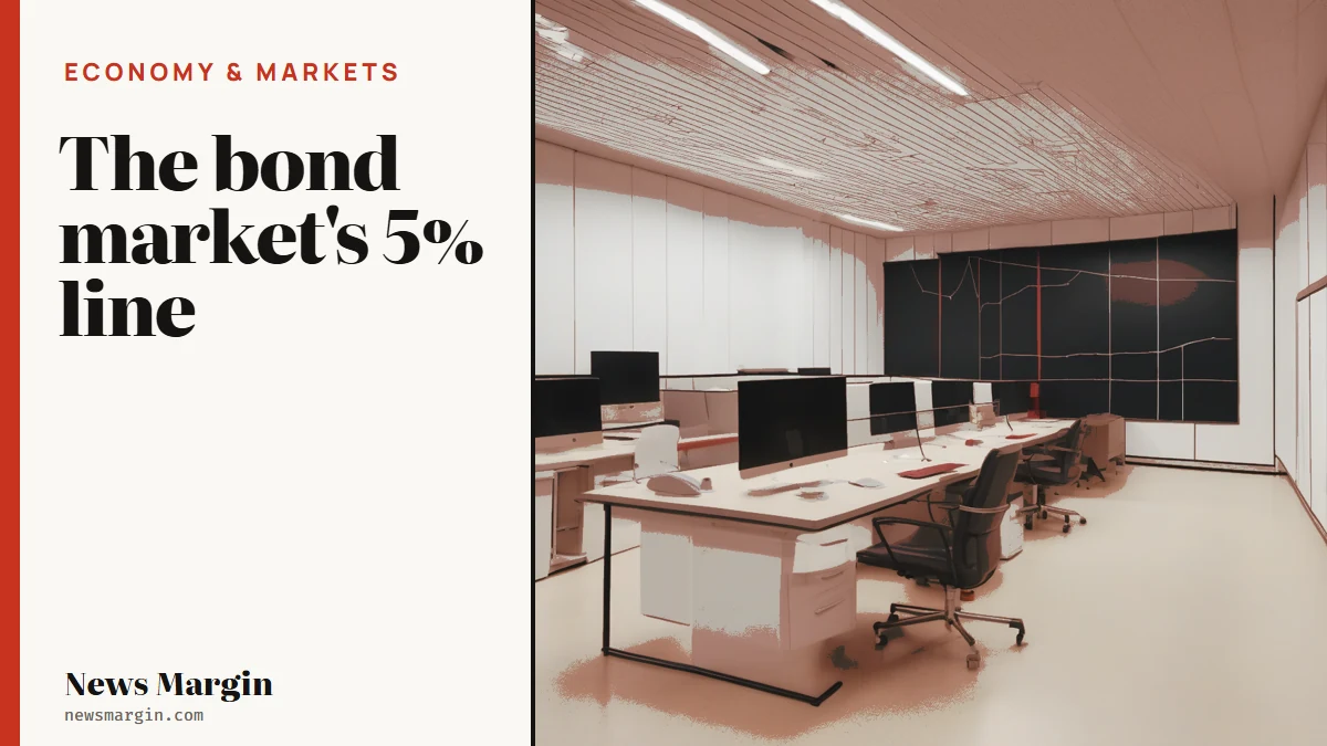 The bond market's 5% line: illustration of a long trading-floor screen wall showing a single yield curve line dipping just un